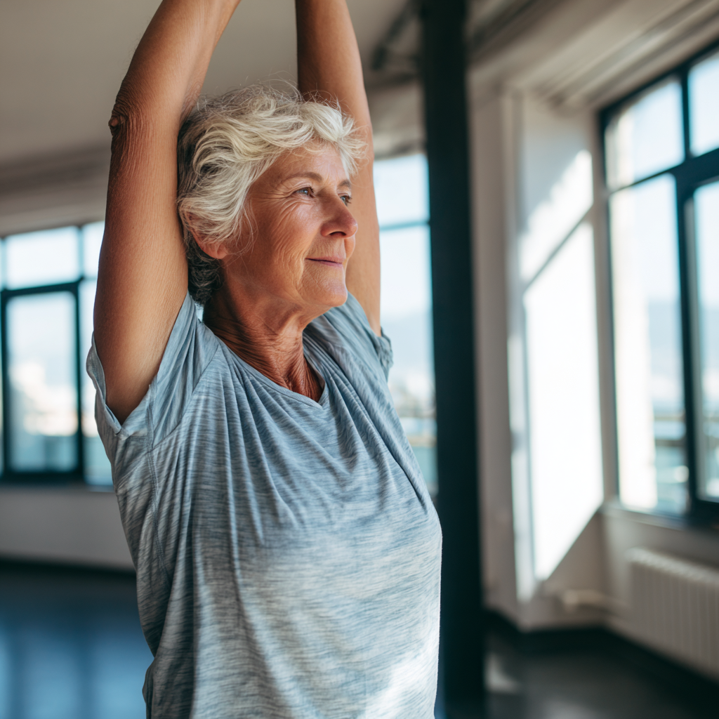 Confident senior European man and woman in workout clothes smiling together in a modern gym setting