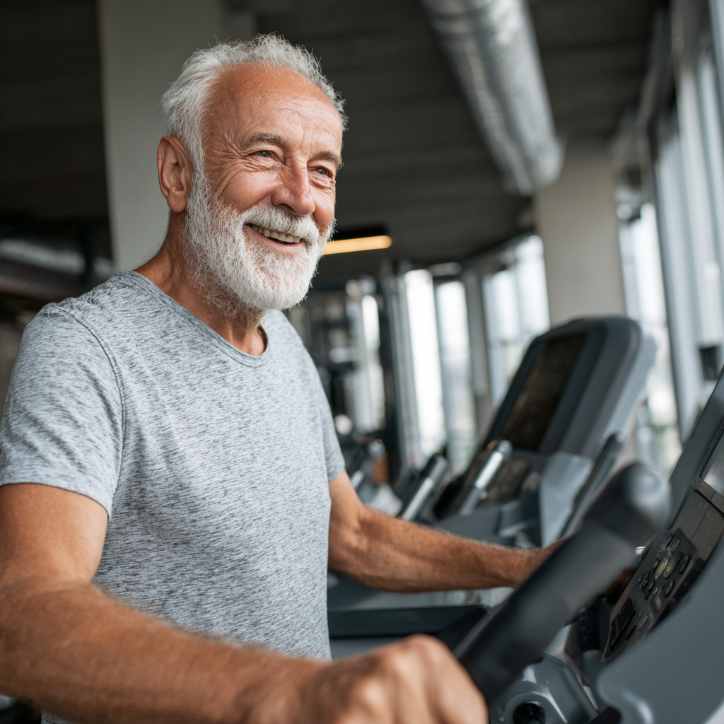 Happy senior European woman reading motivational fitness content on tablet while sitting in a bright, modern wellness center
